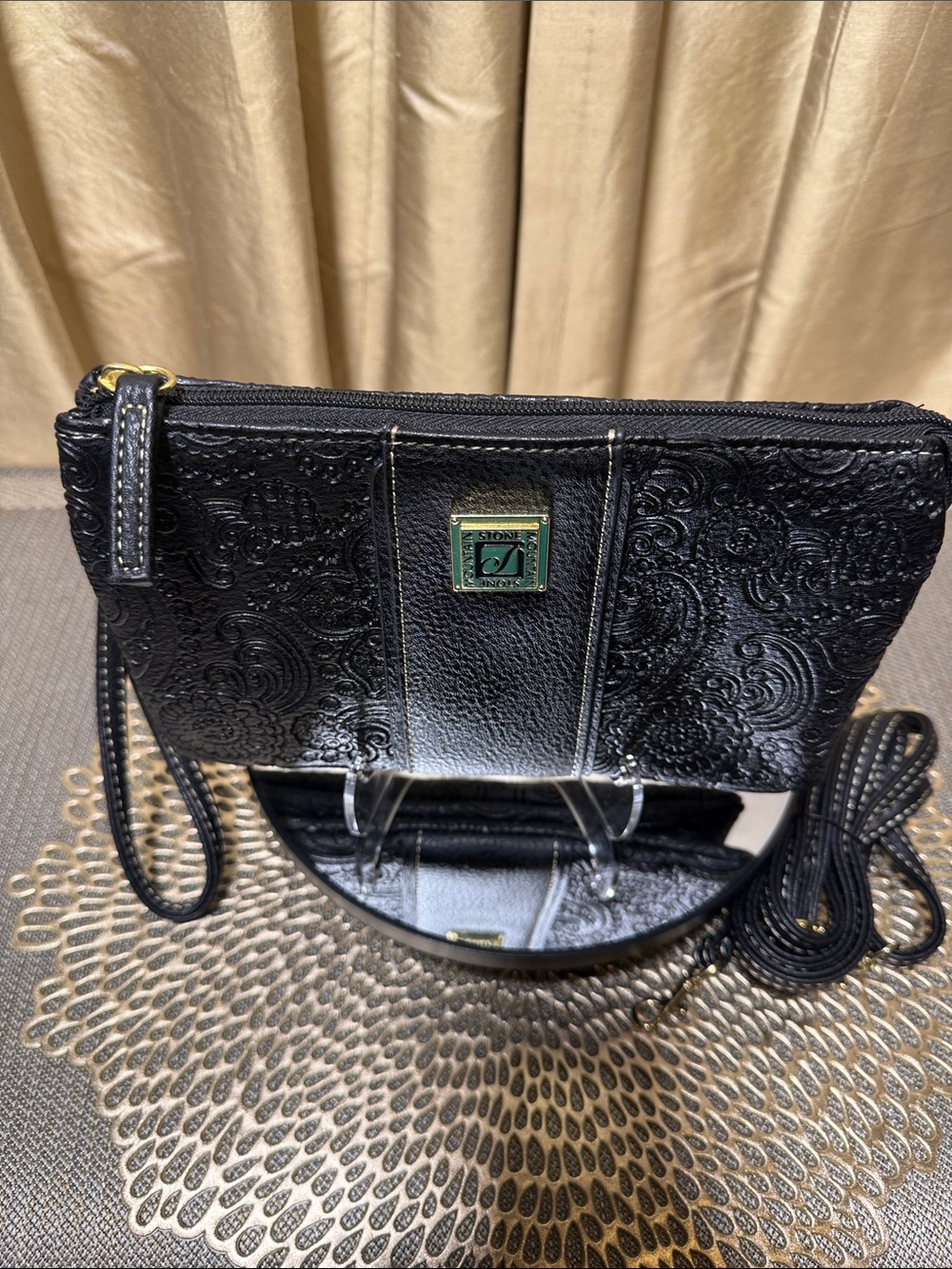 Stone Mountain Black Embossed Leather Wristlet Crossbody Bag - Picture 5 of 13